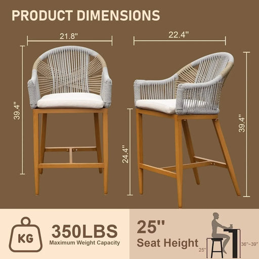Bar Stools Set of 2 with Arm and Backrest, Outdoor Counter Height Bar Chairs with Cushion, Aluminum Tall Bar stools Modern Textilene Rope Boho Barstools for Garden, Pool, Patio, Kitchen-Rounded Backre Default -DTYStore
