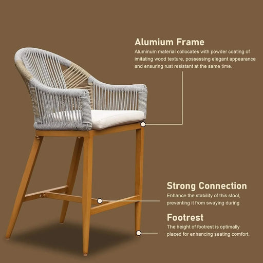 Bar Stools Set of 2 with Arm and Backrest, Outdoor Counter Height Bar Chairs with Cushion, Aluminum Tall Bar stools Modern Textilene Rope Boho Barstools for Garden, Pool, Patio, Kitchen-Rounded Backre Default -DTYStore
