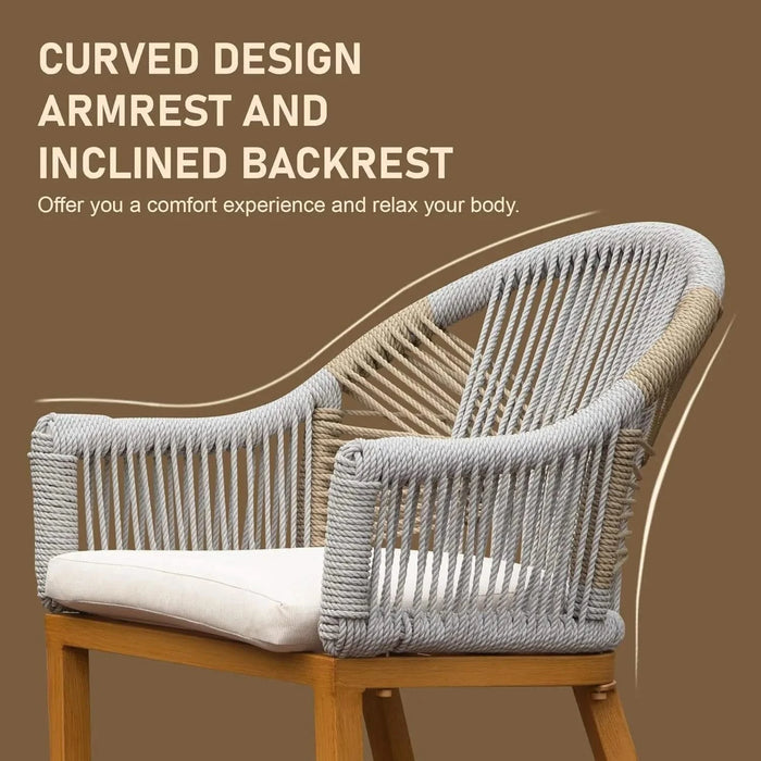 Bar Stools Set of 2 with Arm and Backrest, Outdoor Counter Height Bar Chairs with Cushion, Aluminum Tall Bar stools Modern Textilene Rope Boho Barstools for Garden, Pool, Patio, Kitchen-Rounded Backre Default -DTYStore