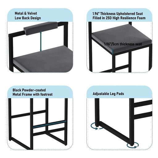 Bar Stools Upholstered Velvet Counter Height Barstools for Kitchen Island Set of 2 Modern Dining Chairs with Footrest & Backrest (Black & Gray) Default -DTYStore