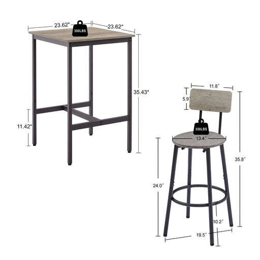 Bar Table Set with 2 Bar stools PU Soft seat with backrest, Grey, 23.62'' W x 23.62'' D x 35.43'' H Default -DTYStore