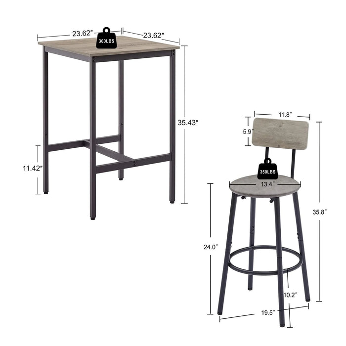 Bar Table Set with 2 Bar stools PU Soft seat with backrest, Grey, 23.62'' W x 23.62'' D x 35.43'' H Default -DTYStore