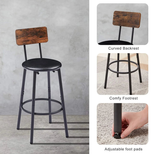 Bar Table Set with 2 Bar stools PU Soft seat with backrest, Rustic Brown, 23.62'' W x 23.62'' D x 35.43'' H Default -DTYStore