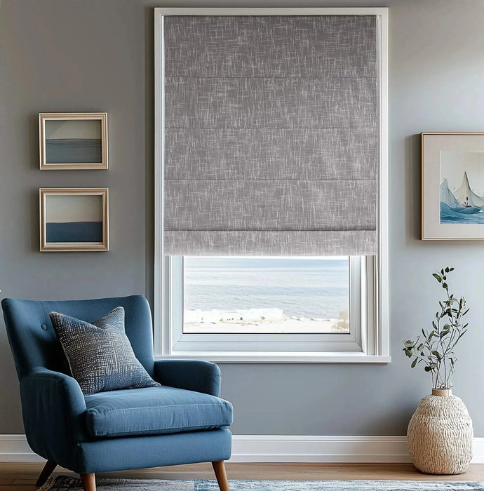 Basketweave Total Blackout Cordless Roman Shade for Windows — Modern Light-Blocking Drapery Grey -DTYStore