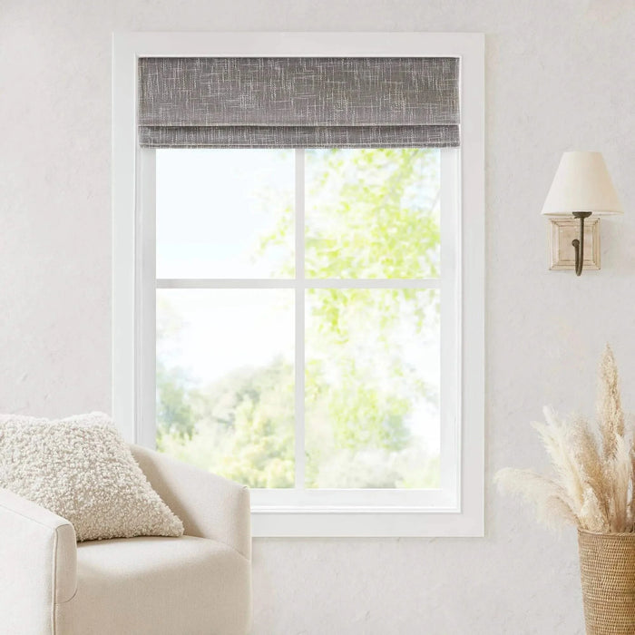 Basketweave Total Blackout Cordless Roman Shade for Windows — Modern Light-Blocking Drapery Grey -DTYStore