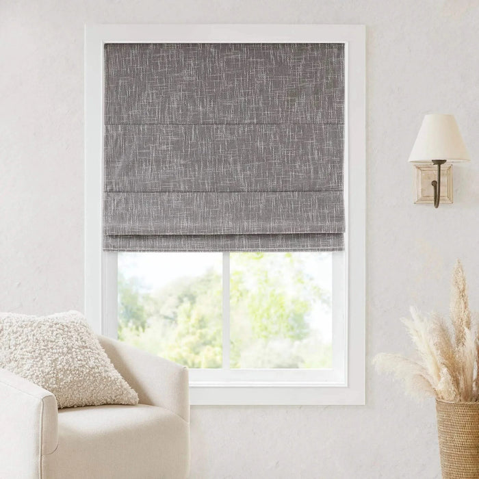 Basketweave Total Blackout Cordless Roman Shade for Windows — Modern Light-Blocking Drapery Grey -DTYStore