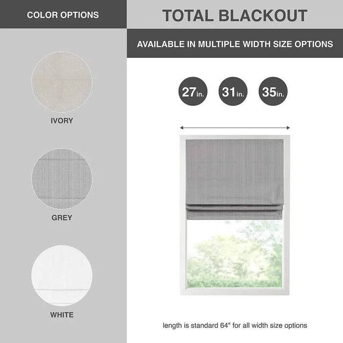 Basketweave Total Blackout Cordless Roman Shade for Windows — Modern Light-Blocking Drapery Grey 27"W Top face detachable -DTYStore