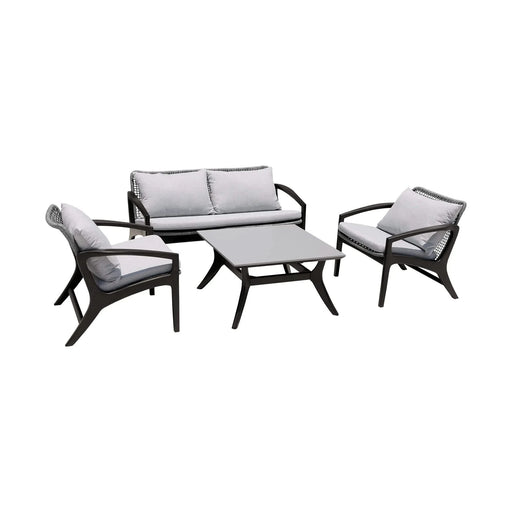 Beckham 4 Piece Outdoor Patio Seating Set in Dark Eucalyptus Wood with Gray Rope and White Cushions Default -DTYStore