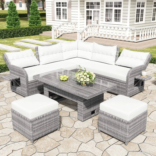 Beige Outdoor Patio Rattan Furniture Set with Adjustable Table, Recliners, Side Tables, and Ottomans Default -DTYStore