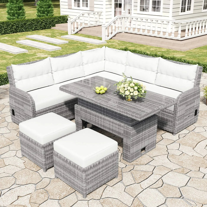 Beige Outdoor Patio Rattan Furniture Set with Adjustable Table, Recliners, Side Tables, and Ottomans Default -DTYStore