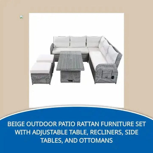 Beige Outdoor Patio Rattan Furniture Set with Adjustable Table, Recliners, Side Tables, and Ottomans -DTYStore