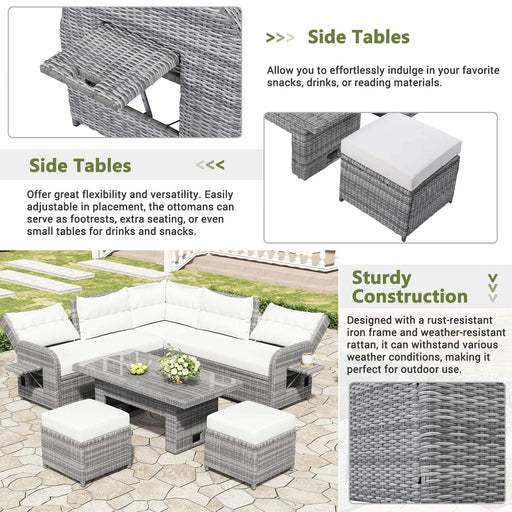 Beige Outdoor Patio Rattan Furniture Set with Adjustable Table, Recliners, Side Tables, and Ottomans Default -DTYStore