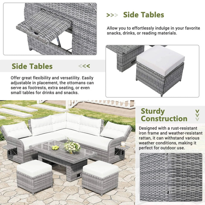 Beige Outdoor Patio Rattan Furniture Set with Adjustable Table, Recliners, Side Tables, and Ottomans Default -DTYStore