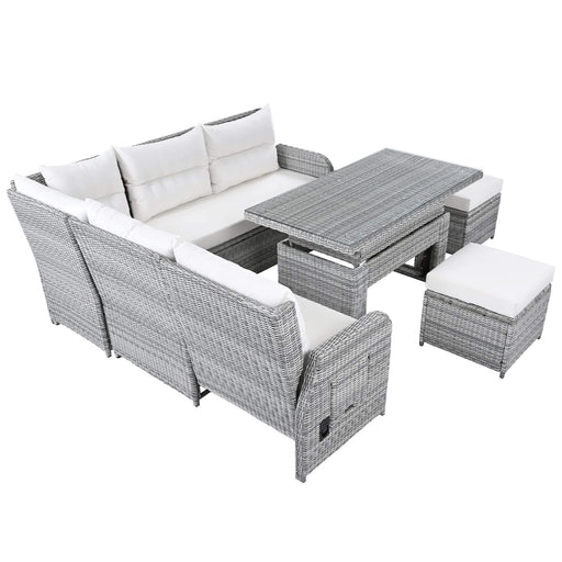Beige Outdoor Patio Rattan Furniture Set with Adjustable Table, Recliners, Side Tables, and Ottomans Default -DTYStore