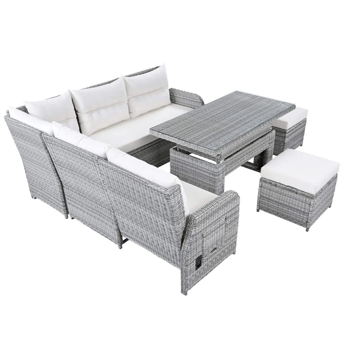 Beige Outdoor Patio Rattan Furniture Set with Adjustable Table, Recliners, Side Tables, and Ottomans Default -DTYStore