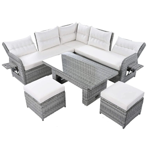Beige Outdoor Patio Rattan Furniture Set with Adjustable Table, Recliners, Side Tables, and Ottomans Default -DTYStore