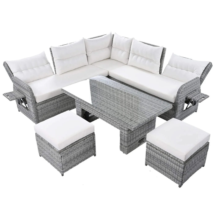 Beige Outdoor Patio Rattan Furniture Set with Adjustable Table, Recliners, Side Tables, and Ottomans Default -DTYStore