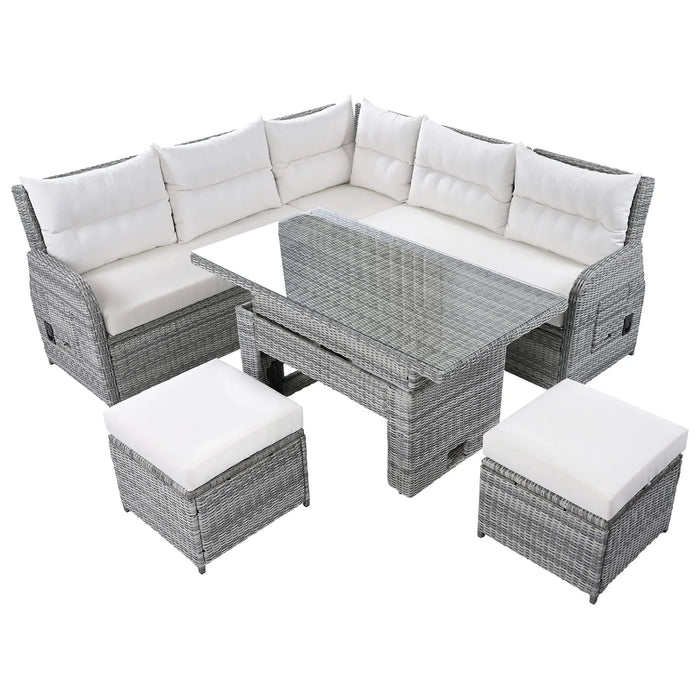 Beige Outdoor Patio Rattan Furniture Set with Adjustable Table, Recliners, Side Tables, and Ottomans Default -DTYStore
