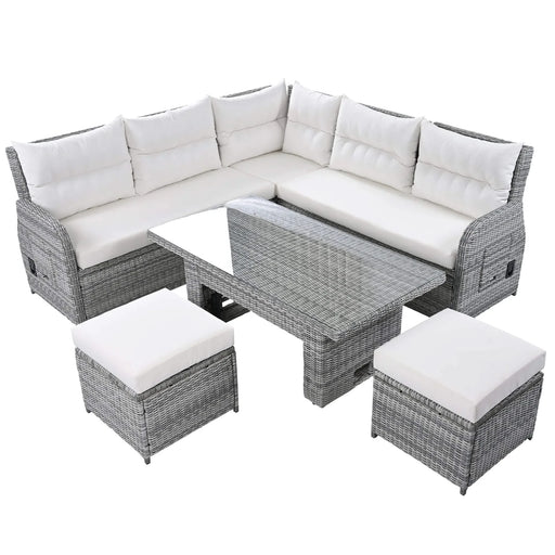 Beige Outdoor Patio Rattan Furniture Set with Adjustable Table, Recliners, Side Tables, and Ottomans Default -DTYStore