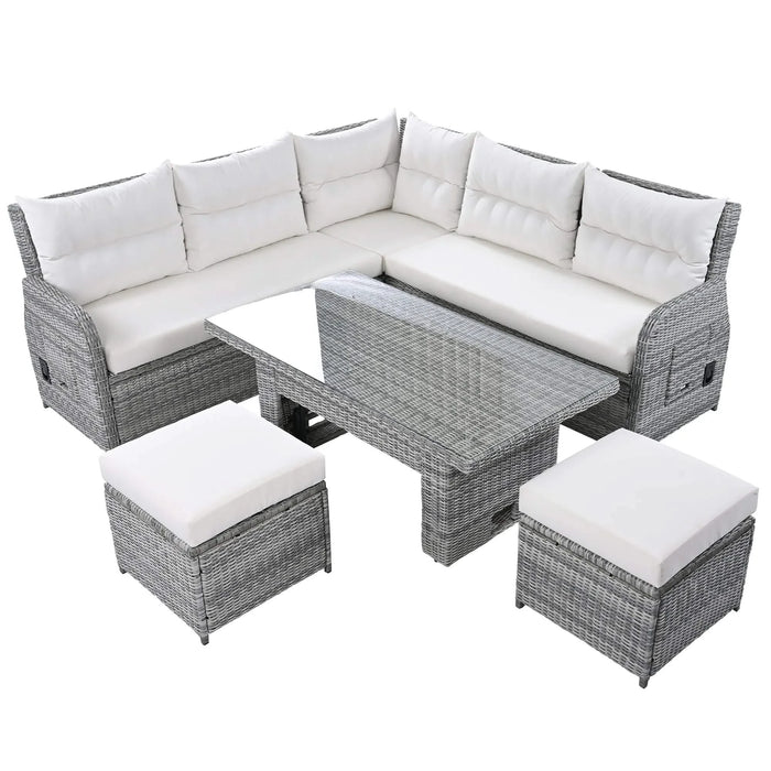 Beige Outdoor Patio Rattan Furniture Set with Adjustable Table, Recliners, Side Tables, and Ottomans Default -DTYStore