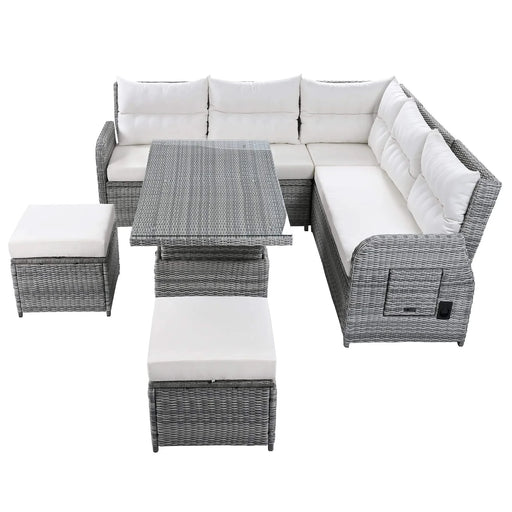 Beige Outdoor Patio Rattan Furniture Set with Adjustable Table, Recliners, Side Tables, and Ottomans Default -DTYStore