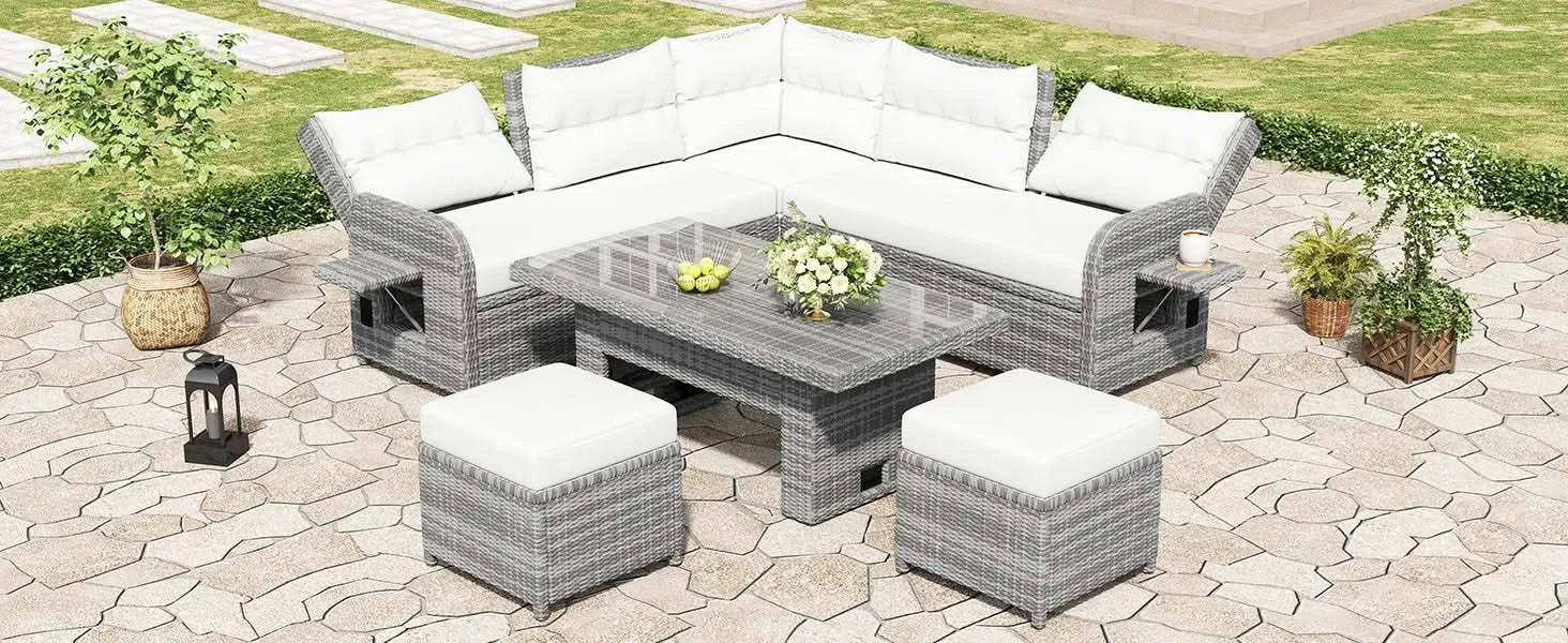 Beige Outdoor Patio Rattan Furniture Set with Adjustable Table, Recliners, Side Tables, and Ottomans Default -DTYStore