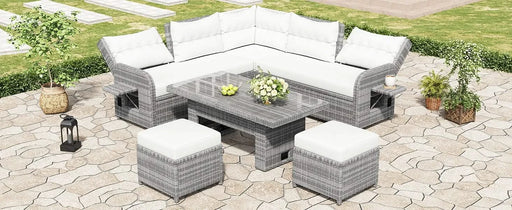 Beige Outdoor Patio Rattan Furniture Set with Adjustable Table, Recliners, Side Tables, and Ottomans Default -DTYStore