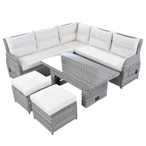 Beige Outdoor Patio Rattan Furniture Set with Adjustable Table, Recliners, Side Tables, and Ottomans Default -DTYStore