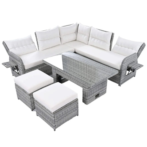 Beige Outdoor Patio Rattan Furniture Set with Adjustable Table, Recliners, Side Tables, and Ottomans Default -DTYStore