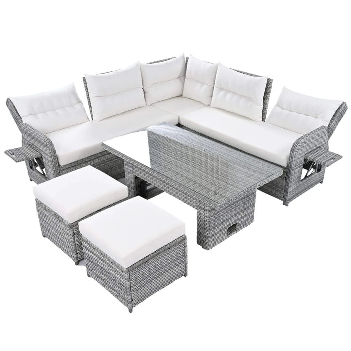 Beige Outdoor Patio Rattan Furniture Set with Adjustable Table, Recliners, Side Tables, and Ottomans Default -DTYStore