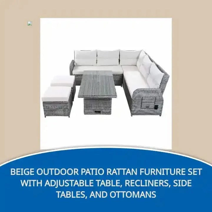 Beige Outdoor Patio Rattan Furniture Set with Adjustable Table, Recliners, Side Tables, and Ottomans -DTYStore