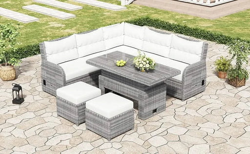 Beige Outdoor Patio Rattan Furniture Set with Adjustable Table, Recliners, Side Tables, and Ottomans Default -DTYStore