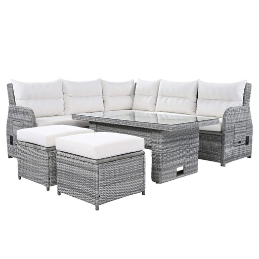 Beige Outdoor Patio Rattan Furniture Set with Adjustable Table, Recliners, Side Tables, and Ottomans Default -DTYStore