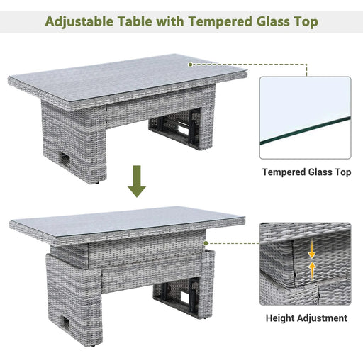 Beige Outdoor Patio Rattan Furniture Set with Adjustable Table, Recliners, Side Tables, and Ottomans Default -DTYStore