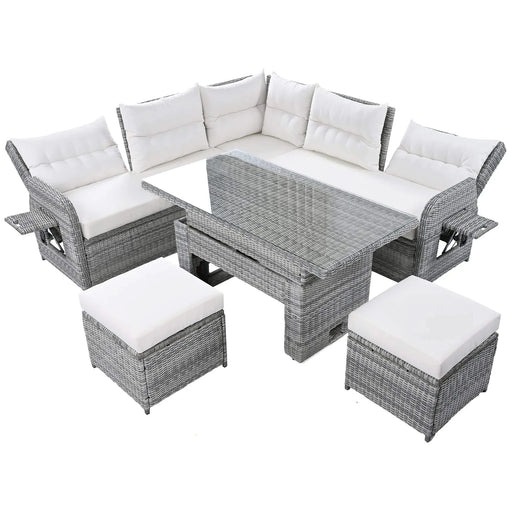 Beige Outdoor Patio Rattan Furniture Set with Adjustable Table, Recliners, Side Tables, and Ottomans Default -DTYStore