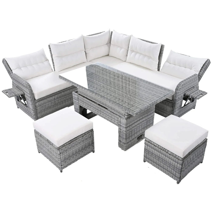 Beige Outdoor Patio Rattan Furniture Set with Adjustable Table, Recliners, Side Tables, and Ottomans Default -DTYStore