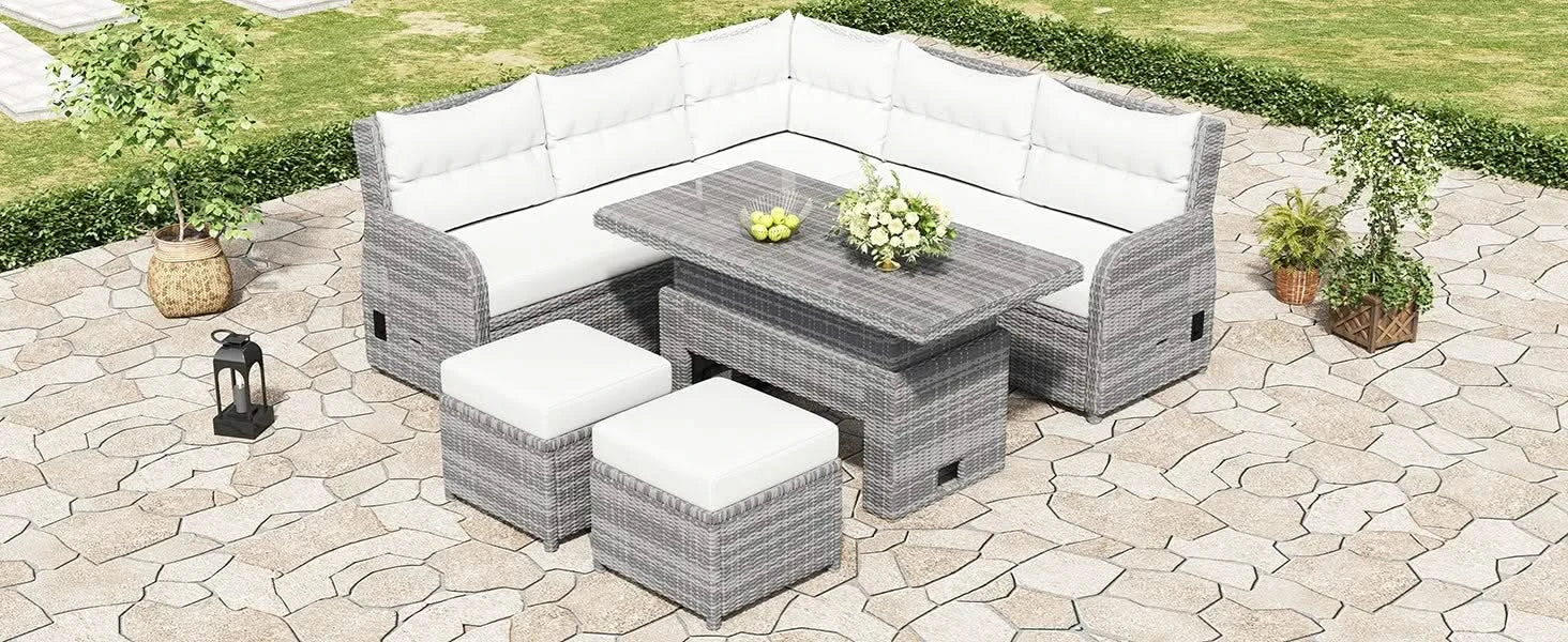 Beige Outdoor Patio Rattan Furniture Set with Adjustable Table, Recliners, Side Tables, and Ottomans Default -DTYStore
