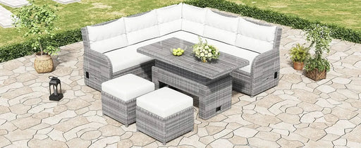 Beige Outdoor Patio Rattan Furniture Set with Adjustable Table, Recliners, Side Tables, and Ottomans Default -DTYStore