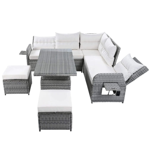 Beige Outdoor Patio Rattan Furniture Set with Adjustable Table, Recliners, Side Tables, and Ottomans Default -DTYStore