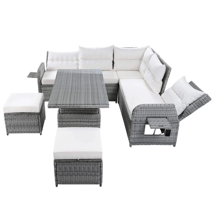 Beige Outdoor Patio Rattan Furniture Set with Adjustable Table, Recliners, Side Tables, and Ottomans Default -DTYStore