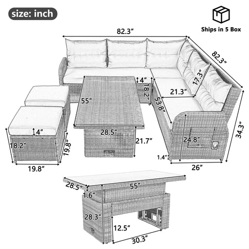 Beige Outdoor Patio Rattan Furniture Set with Adjustable Table, Recliners, Side Tables, and Ottomans Default -DTYStore