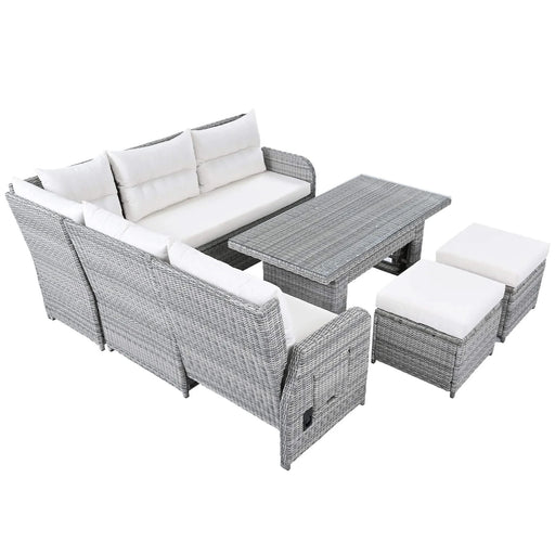 Beige Outdoor Patio Rattan Furniture Set with Adjustable Table, Recliners, Side Tables, and Ottomans Default -DTYStore