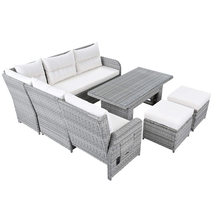 Beige Outdoor Patio Rattan Furniture Set with Adjustable Table, Recliners, Side Tables, and Ottomans Default -DTYStore