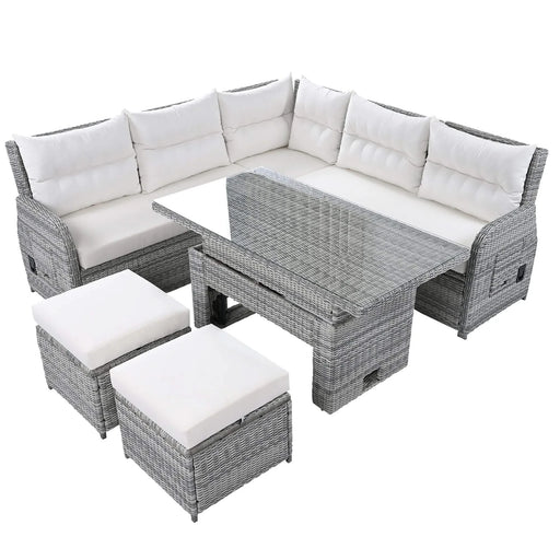 Beige Outdoor Patio Rattan Furniture Set with Adjustable Table, Recliners, Side Tables, and Ottomans Default -DTYStore