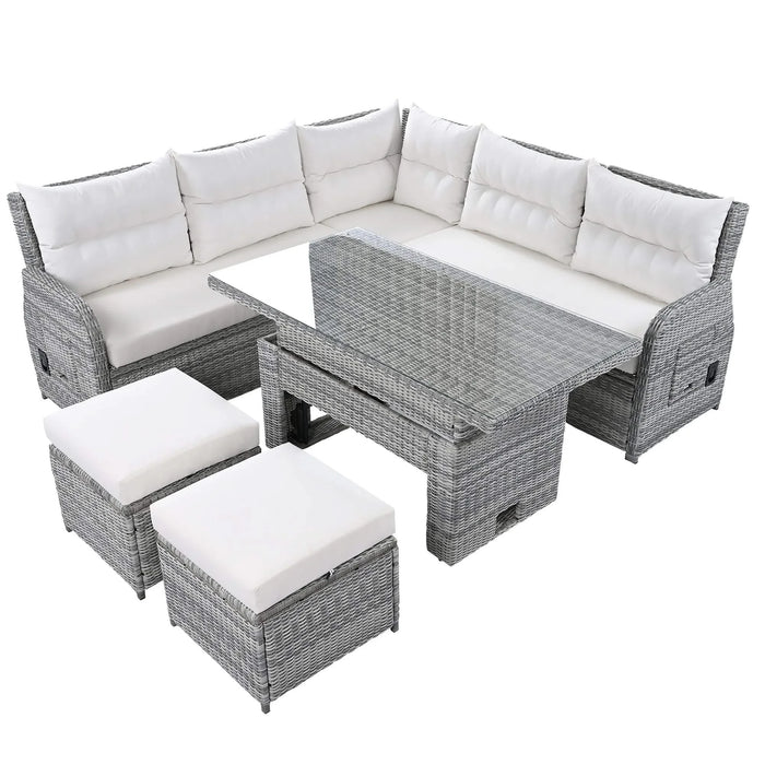 Beige Outdoor Patio Rattan Furniture Set with Adjustable Table, Recliners, Side Tables, and Ottomans Default -DTYStore