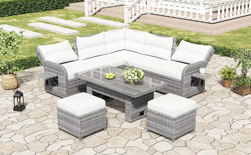 Beige Outdoor Patio Rattan Furniture Set with Adjustable Table, Recliners, Side Tables, and Ottomans Default -DTYStore