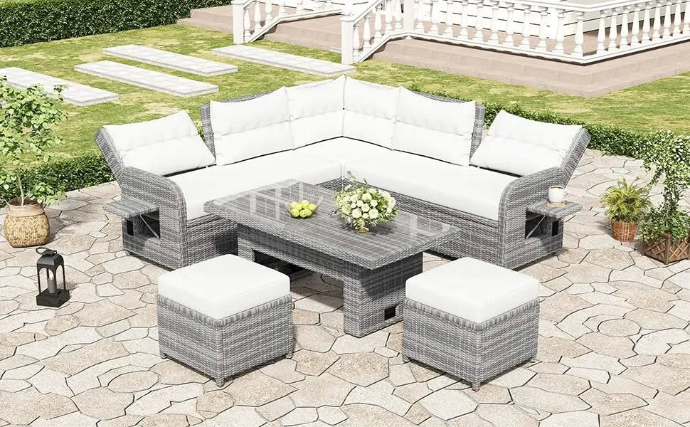 Beige Outdoor Patio Rattan Furniture Set with Adjustable Table, Recliners, Side Tables, and Ottomans Default -DTYStore