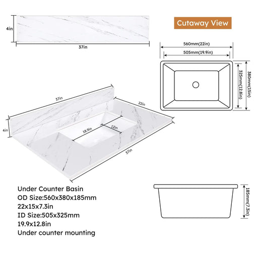 Bianco Carrara Venato 37 Inch Marble Vanity Top with Pre-drilled Faucet Hole and Undermount Sink in White Default -DTYStore