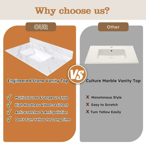 Bianco Carrara Venato 37 Inch Marble Vanity Top with Pre-drilled Faucet Hole and Undermount Sink in White Default -DTYStore