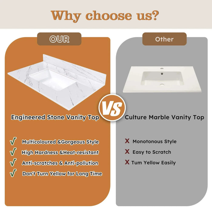 Bianco Carrara Venato 37 Inch Marble Vanity Top with Pre-drilled Faucet Hole and Undermount Sink in White Default -DTYStore